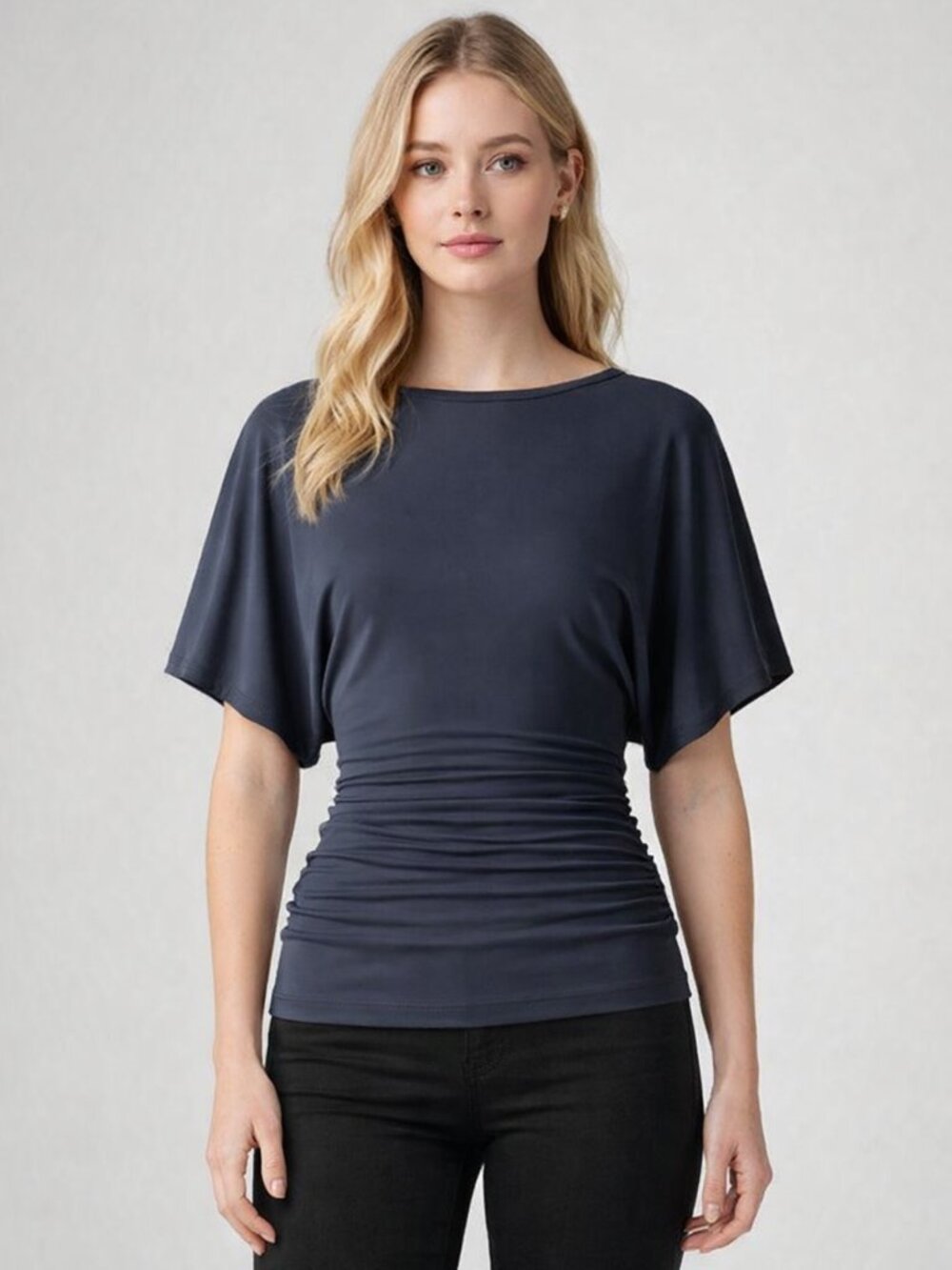 NWT OGL Navy Blue Effortless Boatneck Batwing Sleeve Side Ruched 2XL